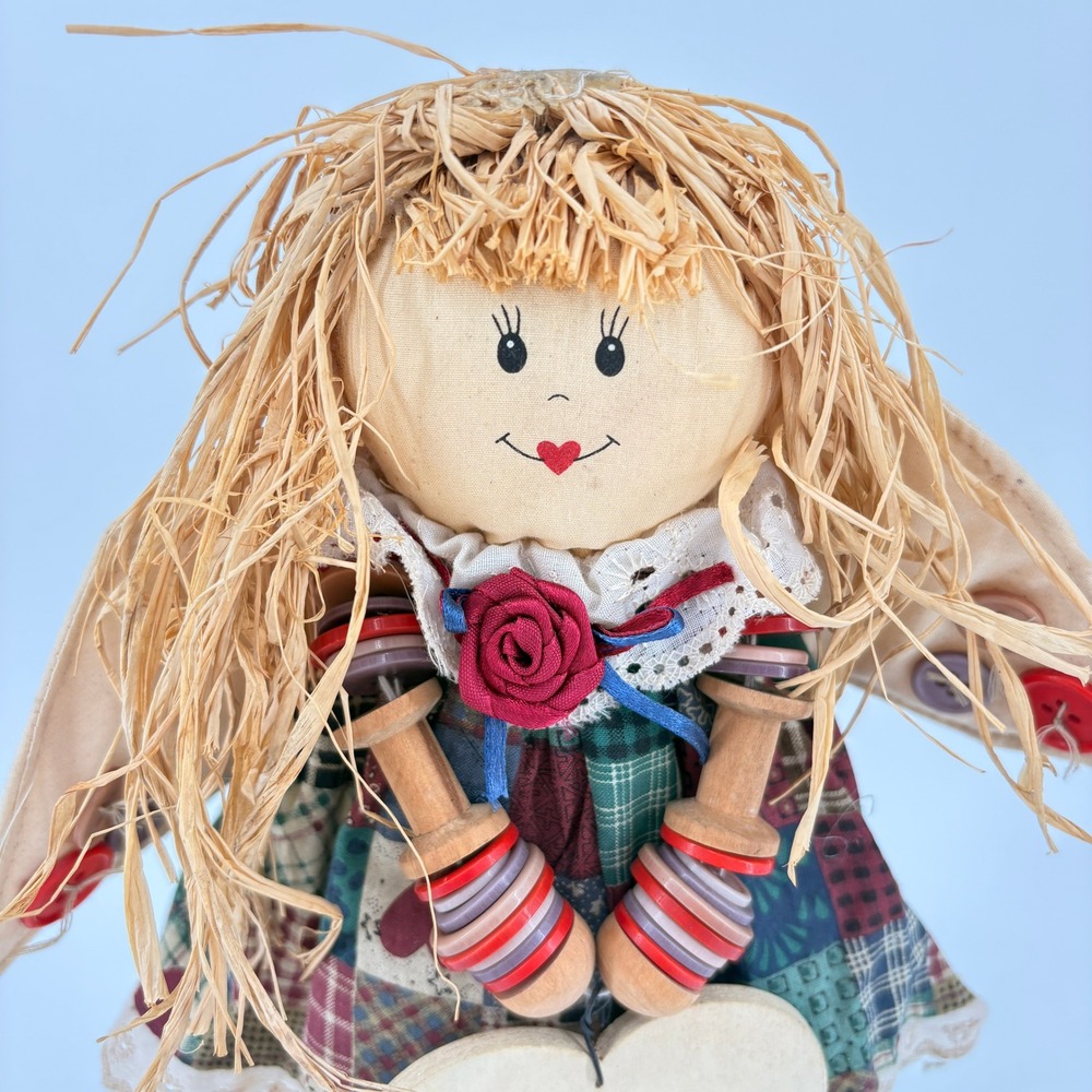 Primitive Folk Art Angel Doll Welcome Friends Patchwork‎ Button Spool Decor 12in - Picture 3 of 7